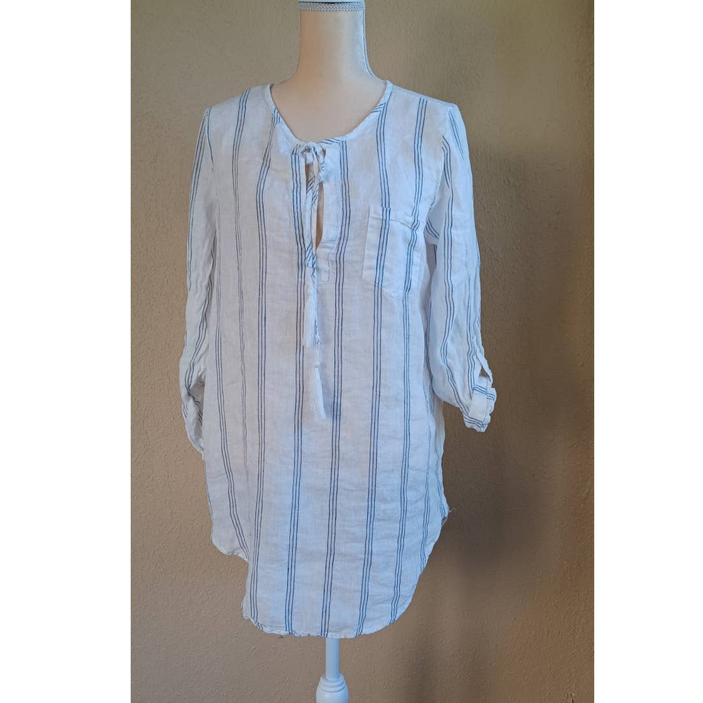 Thread & Supply Linen Blend Striped Tunic Top Keyhole Tie Medium